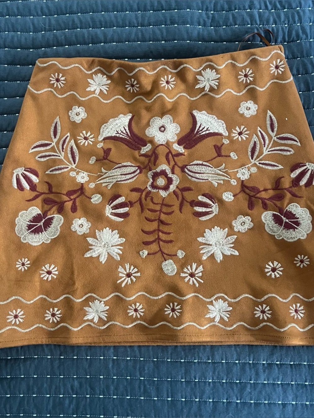 Mi Ami brown floral embroidered faux suede mini skirt